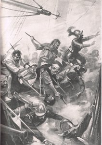 Os ingleses repelindo os espanhóis em San Juan de Ulua, ilustração de "Batalhas britânicas na terra e no mar", publicado por Cassell, Londres, c.1915