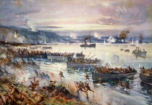 The Landing of the Australians at Gallipoli, abril de 1915 (cor litho)