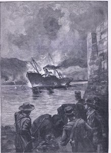 A Guerra Espanhola Americana: O naufrágio do Merrimac, ilustração deCassells História da Inglaterra, de 1900