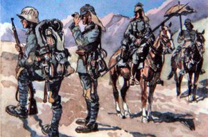 Fardas alemãs de 1917, frente macedónia (cor litho) de E. (after) Dobrich