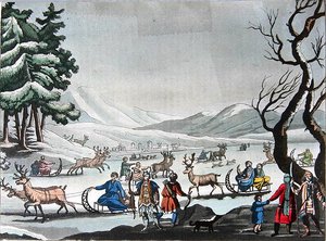 Tungus deixando seu acampamento de inverno em trenós puxados por renas, c.1820 (gravura colorida) de E. (after) Karnejeff
