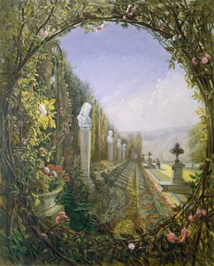A janela Trellis, Trentham Hall Gardens, de &39;Jardins da Inglaterra&39;, publicado em 1857