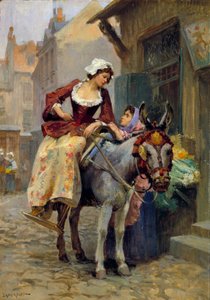 O pequeno burrinho. Uma mulher a montar uma amazona num burro, pés numa ranhura adequada. Pintura de E. Dameron (século XVIII) Colecção privada de E. Dameron