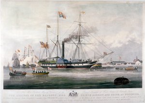 Rainha Victoria e Príncipe Albert chegando ao Royal Dockyard, Woolwich, Kent, 1843 de E Duncan