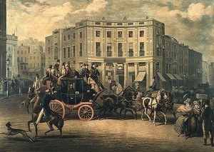 "The Age" Brighton Coach at the Bull and Mouth, Regent Circus (gravura) de E. F. Lambert