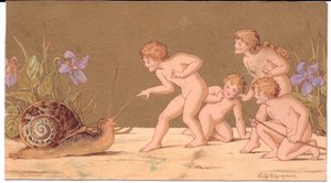 Um cartão de felicitações vitoriano de quatro fadas nuas provocando um caracol contra um fundo dourado, de Gertude Thompson, c.1895 (cor litho) de E. Gertrude Thompson