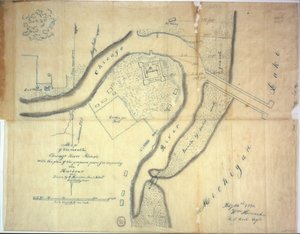Mapa da foz do rio Chicago, Illinois, com o plano dos pilares propostos para melhorar o porto, 1830