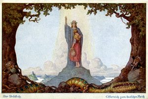 História. União da Áustria e Alemanha. Alegoria de E. Kutzer, Áustria, c.1920 (cartão postal) de E. Kutzer