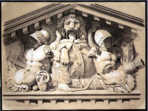 Um Pedimento Escultural no Louvre (carvão vegetal com giz branco sobre papel) de E. Laquerbe