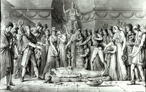 O funeral de Jean Paul Marat (1743-93) na capela do Clube dos Cordeliers, 16 de julho de 1793, c.1793 (caneta e tinta sobre papel) (foto bw) de E. Le Sueur