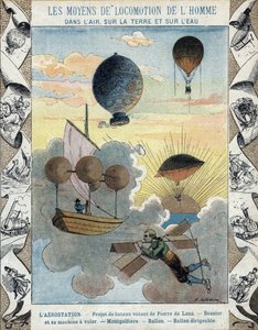 Aerostação - Projeto de barco voador de Pierre de Lana - Avião voador de Besnier (1678) - Balão - Balão - Balão de navio aéreo - ilustração de E Letellier - Proteger caderno histórico, final do século XIX