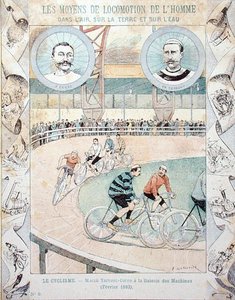Charles Terront (1857-1932) e Jules Corre na Galerie des Machines em Fevereiro de 1893, a partir de um livro escolar (cor litho) de E. Letellier