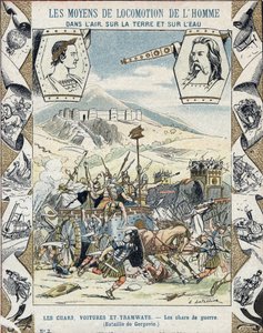 Carruagens de guerra gálicas na Batalha de Gergóvia - De uma manga protectora para livros escolares, finais do século XIX - Tanks de guerre a faux - Vercingetorix a la battle de Gergovia (52 AC) durante a guerra dos Gauleses - ilustração de E Letellier - P