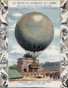 Operação de inflação e equipamento do balão cativo de Henry Giffard para as Tuileries em Paris 1878 - de uma manga protectora para livros escolares, finais do século XIX - ilustração de E Letellier - exposição universelle de 1878 em Paris: inflação de
