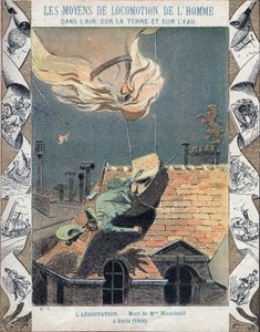 A morte de Marie Blanchard, esposa do aeronaut Jean Pierre Blanchard, quando seu balão pegou fogo durante uma manifestação sobre Paris, 6 de junho de 1819 - De uma manga de proteção para livros escolares, no final do século XIX - Mort de Madame Blanchard -