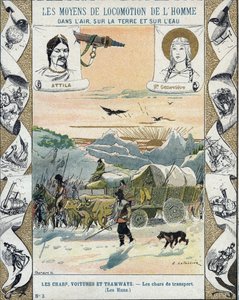 Tanques de transporte - Os Hunos de Átila (ca. 395-453) - Invasões bárbaras - ilustração de E Letellier - Protege caderno histórico, final do século XIX - de E. Letellier