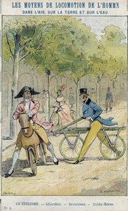 Velocipedes - celerifere inglês - Draisienne, ancestral da bicicleta - De uma manga protectora para livros escolares, final do século XIX - ilustração de E Letellier - Celerifere - Draisienne - Hobby-Horse (Cavalo Nobre) - Proteger a história dos cadernos,