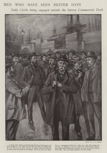 Homens que já viram dias melhores: contabilistas a serem contratados fora da Doca Comercial de Surrey, Londres (litho) de E. S. (after) Hodgson