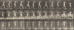 Placa número 175. Ribeira de travessia sobre alpondras com vara de pescar e lata, 1887. de Eadweard Muybridge