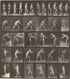 Placa número 521. A: Andando. B: Degrau ascendente. C. Disco de arremesso. D: Usando pá..., 1887. de Eadweard Muybridge