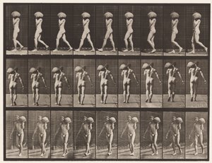 Placa 26. Caminhando, carregando uma pedra de 75 libras no ombro esquerdo de Eadweard Muybridge