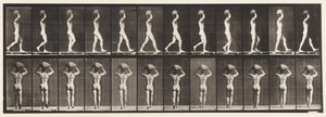 Placa 27. Caminhando, carregando uma pedra de 70 libras na cabeça, mãos levantadas de Eadweard Muybridge