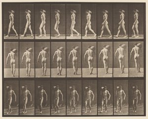 Placa 31. Caminhando, carregando uma pedra de 75 libras no ombro direito de Eadweard Muybridge