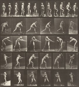 Placa número 521. A: Andando. B: Subindo um degrau. C: Jogando o disco. D: Usando uma pá. E, F: Usando uma palheta de Eadweard Muybridge