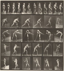 Placa número 521. A: Andar a pé. B: Subir degrau. C: Atirar disco. D: Usando pá. E, F. Usando picareta,1887 (foto) de Eadweard Muybridge
