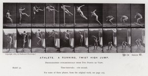A Figura Humana em Movimento: Atleta, uma corrida, salto em altura (foto a p/b) de Eadweard Muybridge