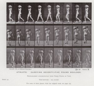 A Figura Humana em Movimento: Atleta, carregando uma pedra de 75 quilos (foto a p/b) de Eadweard Muybridge