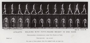 A Figura Humana em Movimento: Atleta, caminhando com 50 quilos de peso em uma mão (foto a p/b) de Eadweard Muybridge