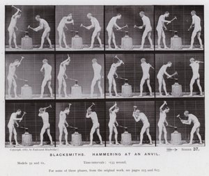 A Figura Humana em Movimento: Ferreiros, martelando numa bigorna (foto a p/b) de Eadweard Muybridge