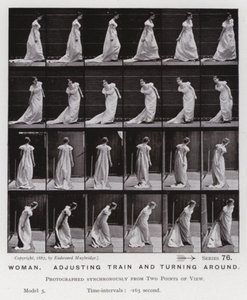 A Figura Humana em Movimento: Mulher, trem de ajuste e virada (foto a p/b) de Eadweard Muybridge