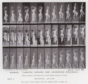 A Figura Humana em Movimento: Mulher, dando a volta e subindo escadas (foto a p/b) de Eadweard Muybridge