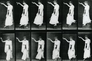 Mulher. Descending a Stairway, 1887, ilustração de "A figura humana em movimento" por Eadweard Muybridge, edição publicada em 1904 de Eadweard Muybridge
