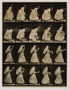 Mulher a levantar um cesto e a acenar com um lenço, do livro Animal Locomotion de Eadweard Muybridge