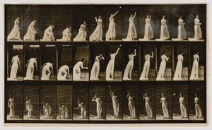 Mulher pega numa bola e atira-a, do livro Animal Locomotion (Locomoção animal) de Eadweard Muybridge