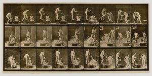 Mulher a deitar uma bacia de água sobre a cabeça de outra mulher, do livro Animal Locomotion de Eadweard Muybridge