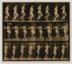 Mulher a fazer ricochete num só pé, do livro Animal Locomotion de Eadweard Muybridge