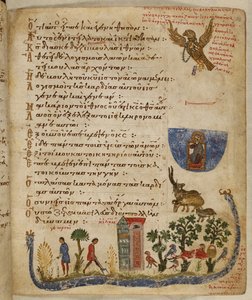 Adicionar. 19352, f.36r Eagle enviado por Baruch; cena do jardim, de Theodore Saltério de Eastern Mediterranean School