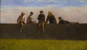 Five Boys on a Wall, c.1875-1880 (óleo no quadro de composição) de Eastman Johnson