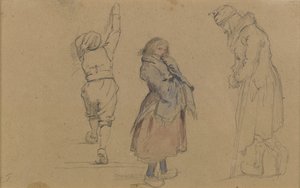 Três figuras holandesas, c.1852 (grafite, wc e giz branco sobre papel pardo) de Eastman Johnson