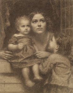 Mulher com duas crianças junto a uma janela