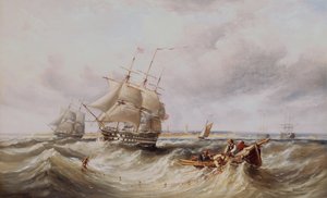 Um porto de saída de dois andares com outros navios de guerra ancorados na enseada (óleo) de Ebenezer Colls