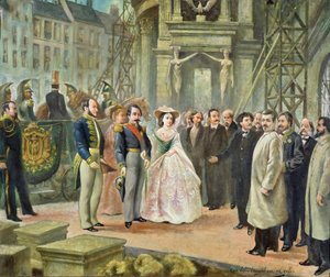 Barão Georges-Eugene Haussmann (1809-91) Napoleão III (1808-1873) e Imperatriz Eugenie (1826-1920) visitando os trabalhadores da ópera de Ed. Gilis
