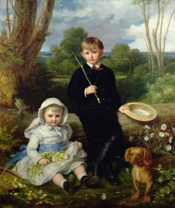 Retrato de um Irmão e uma Irmã com seu cão de estimação em uma paisagem arborizada