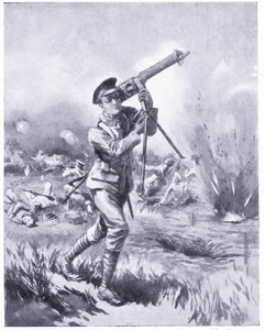 Private Lynn carregando uma metralhadora para conserto sob fogo pesado na Batalha de Aisne. Concedido o DCM 1915 de Edgar Alfred Holloway