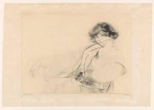 Mulher jovem com um laço no cabelo sentada em uma cadeira de Edgar Chahine (signed by artist)