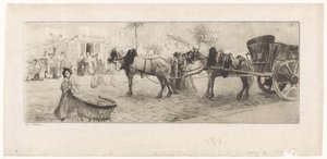 Vista de uma avenida com cavalos esticados em frente de uma carroça e uma mulher com um carrinho de bebé de Edgar Chahine